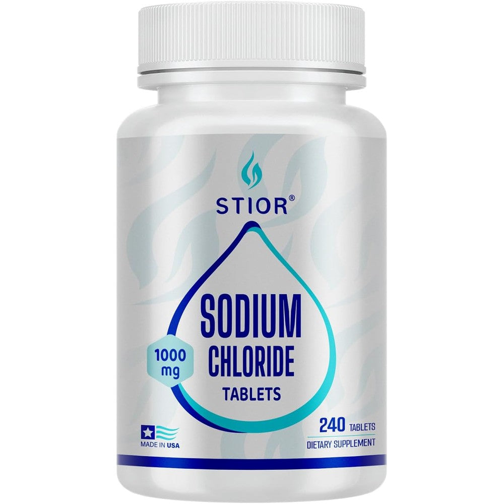 Stior Sodium Chloride 1000mg Tablets front bottle view showing 240 count electrolyte supplement.