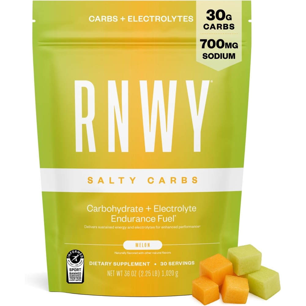 RNWY Salty Carbs Electrolyte Drink Mix Melon front view container for endurance hydration.