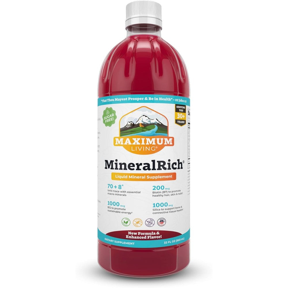 Maximum Living MineralRich Sugar Free Liquid Trace Minerals 32 fluid ounce bottle front view highlighting the monk fruit sweetening
