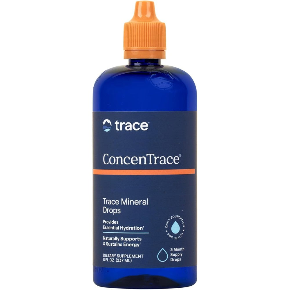 Trace Minerals ConcenTrace Ionic Mineral Drops 8 Fluid Ounce front view bottle showing the blue packaging.