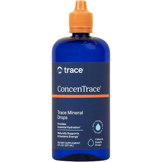 Trace Minerals ConcenTrace Ionic Mineral Drops 8 Fluid Ounce front view bottle showing the blue packaging.