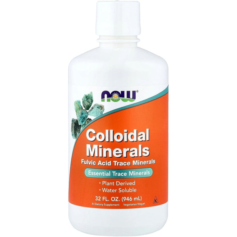 NOW Foods Colloidal Minerals Original 32 Ounce front view bottle showing plant derived essential trace minerals supplement.