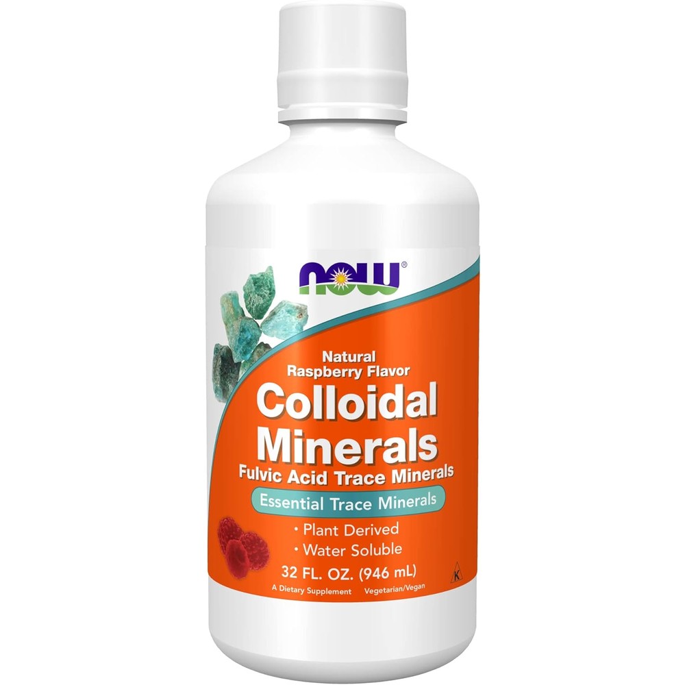 NOW Foods Plant Derived Colloidal Minerals front view bottle showing natural raspberry flavor label.