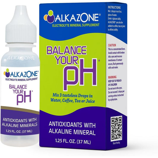 Alkazone Balance Your pH Antioxidant Alkaline Mineral Drops front view bottle for hydration boost.
