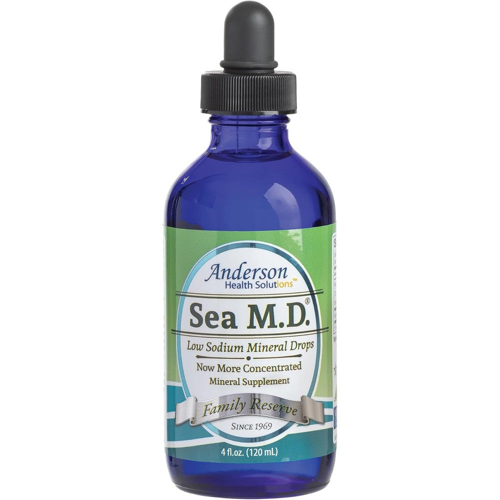 Mineral Resources International Anderson Sea MD Concentrated Trace Mineral Drops front view of four fluid ounce blue glass bottle