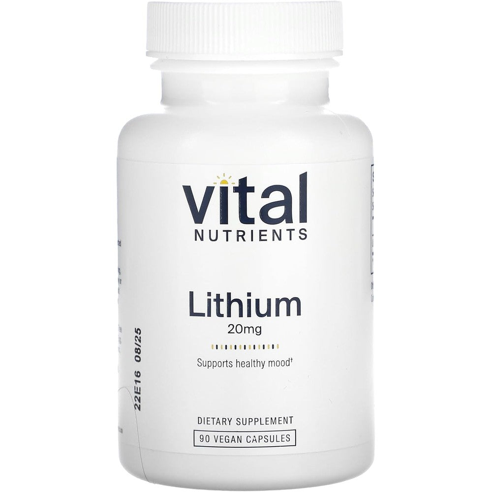 Vital Nutrients Lithium Orotate 20 Milligrams 90 Vegan Capsules front bottle view for mood balance support.