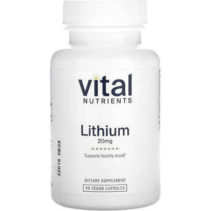 Vital Nutrients Lithium Orotate 20 Milligrams 90 Vegan Capsules front bottle view for mood balance support.