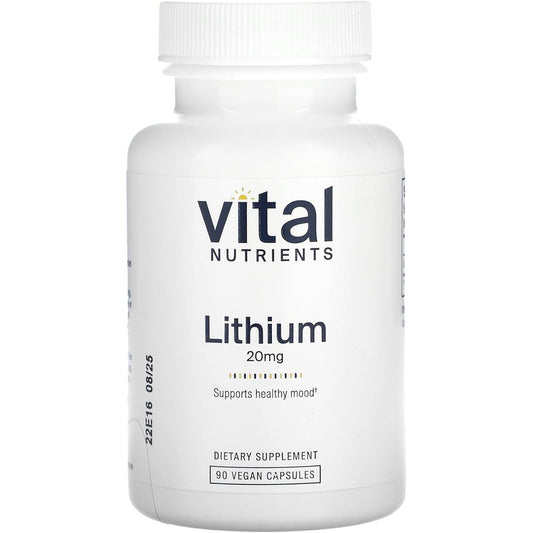 Vital Nutrients Lithium Orotate 20 Milligrams 90 Vegan Capsules front bottle view for mood balance support.