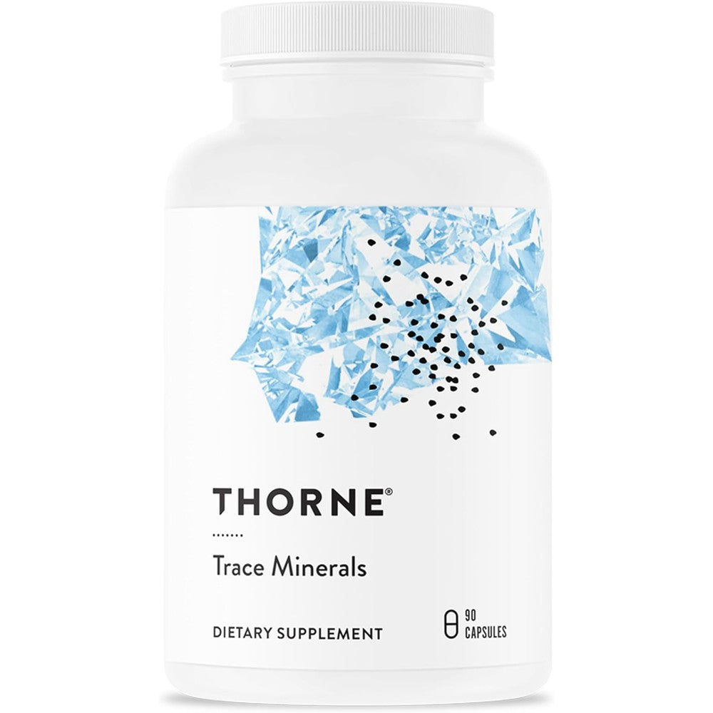 Thorne Trace Minerals 90 Capsules bottle front view showing chelated mineral supplement details.