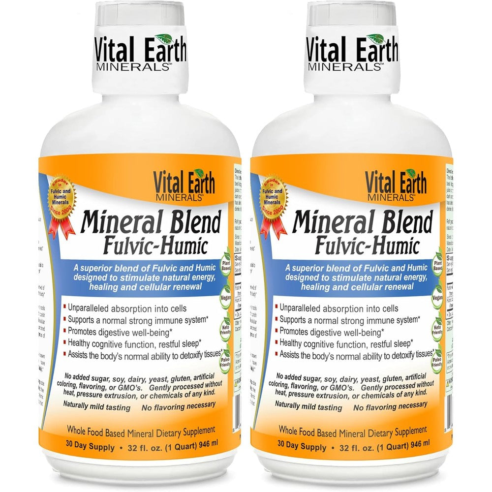 Vital Earth Minerals Fulvic Humic Mineral Blend front view of thirty two fluid ounce bottle