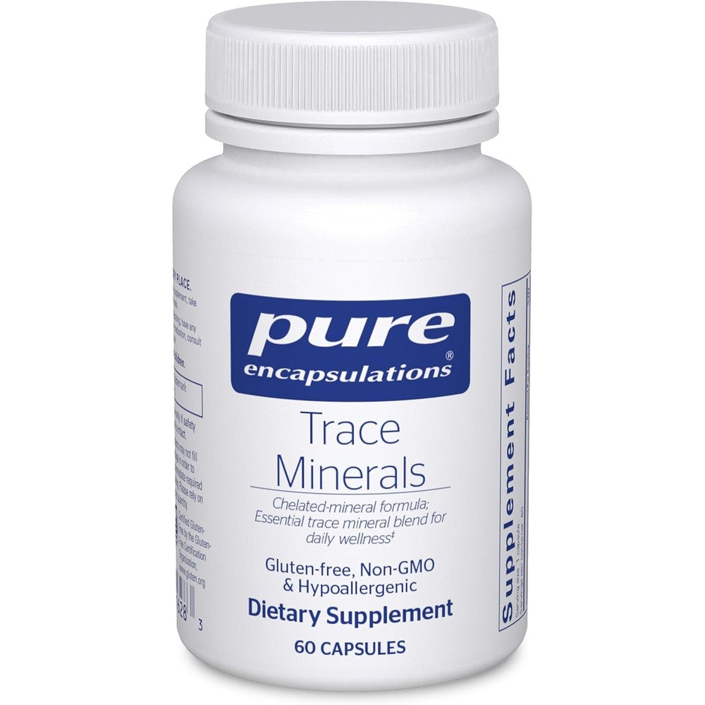 Pure Encapsulations Trace Minerals 60 Capsules front view bottle showcasing the clean white label and brand logo.