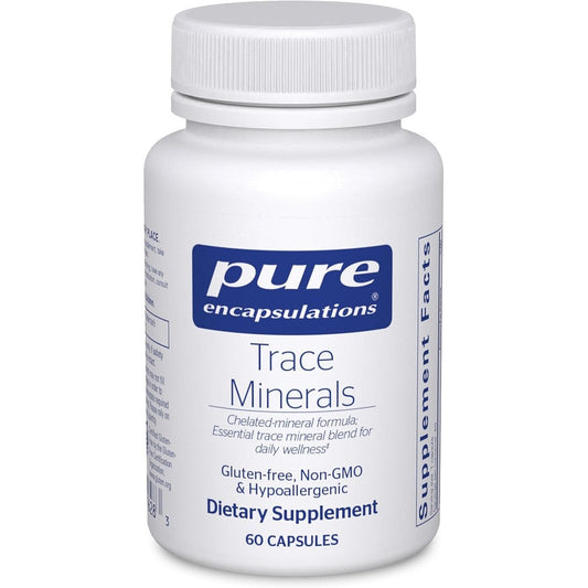 Pure Encapsulations Trace Minerals 60 Capsules front view bottle showcasing the clean white label and brand logo.