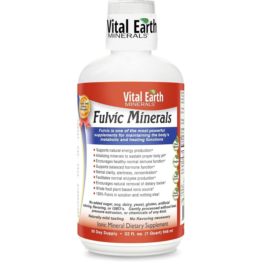 Vital Earth Minerals Fulvic Acid Liquid Supplement front view of the thirty two fluid ounce bottle