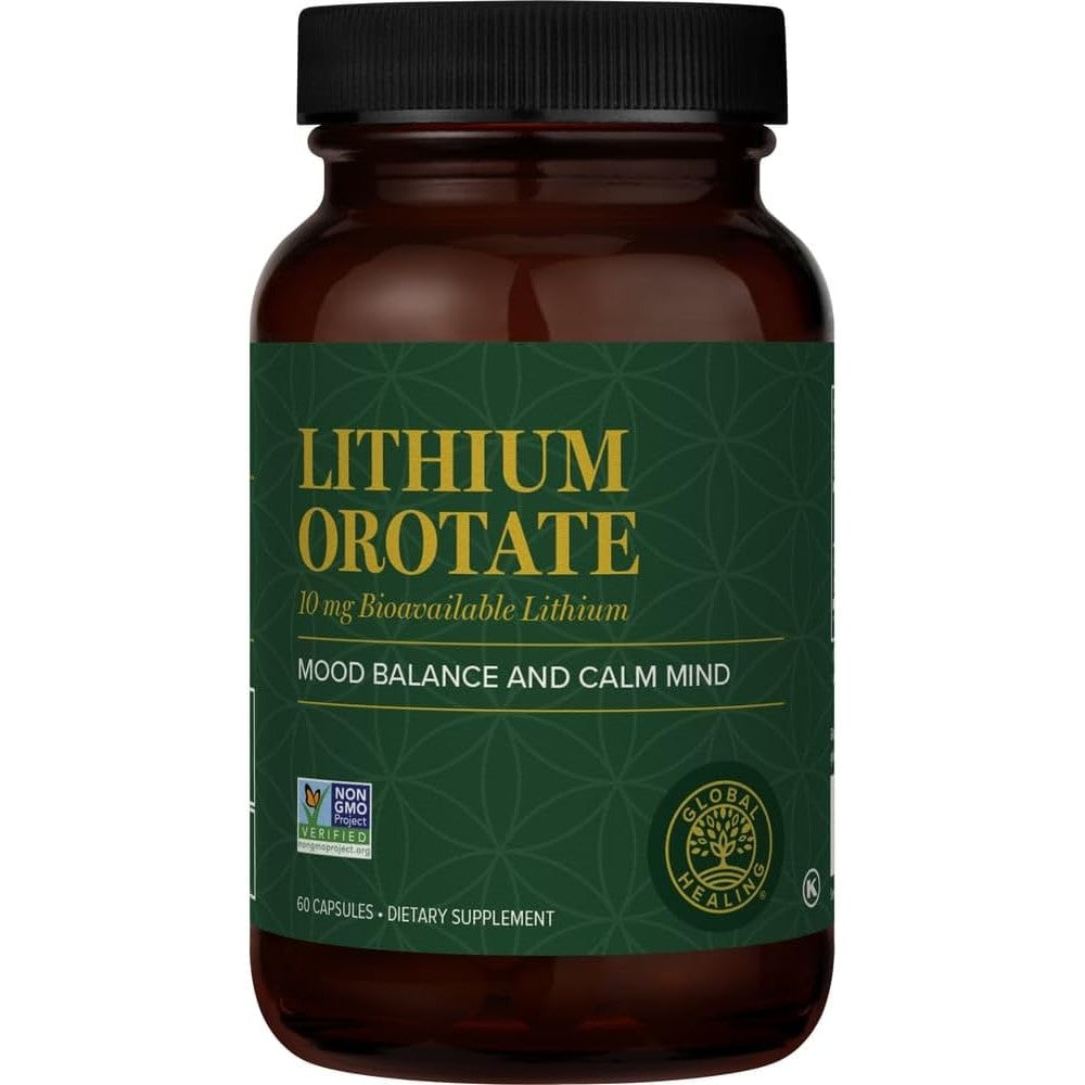 Global Healing Center Lithium Orotate 10mg front view bottle for premium brain health support.