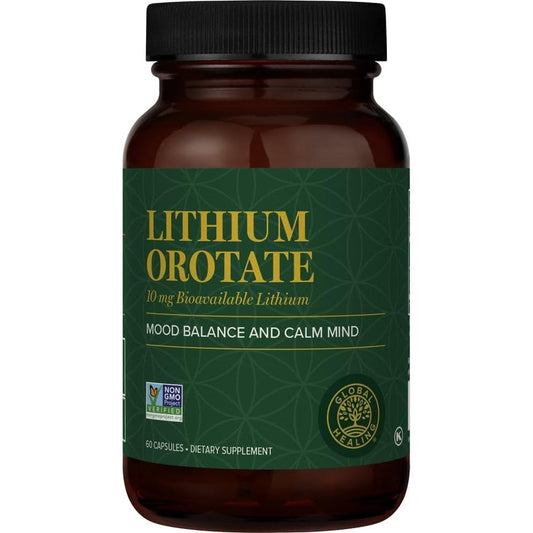 Global Healing Center Lithium Orotate 10mg front view bottle for premium brain health support.