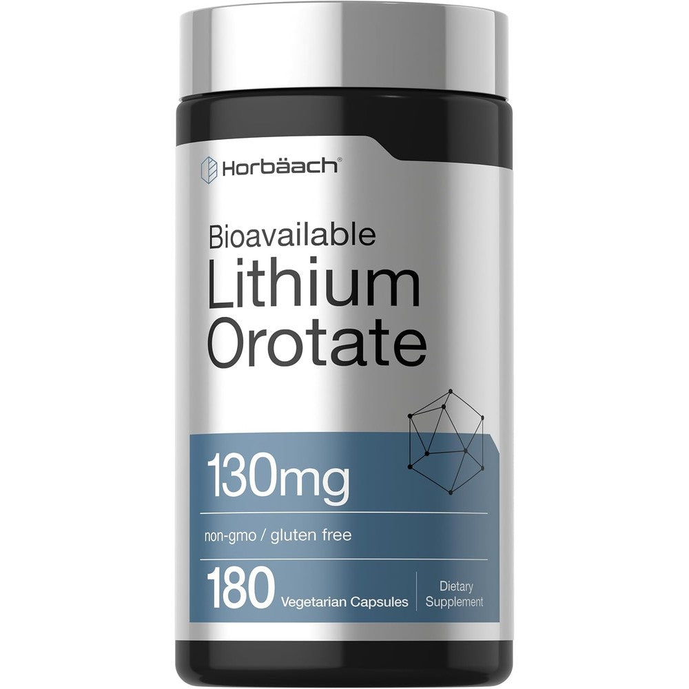 Horbäach Lithium Orotate 130 Milligrams front view bottle containing 180 vegetarian capsules.