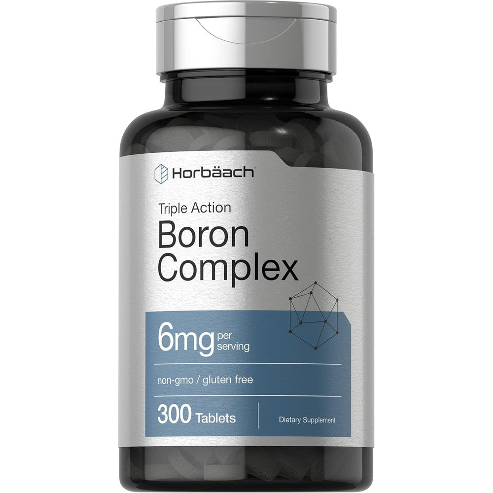 Horbäach Triple Boron Complex 6mg 300 Tablets front view bottle showing premium USA imported label