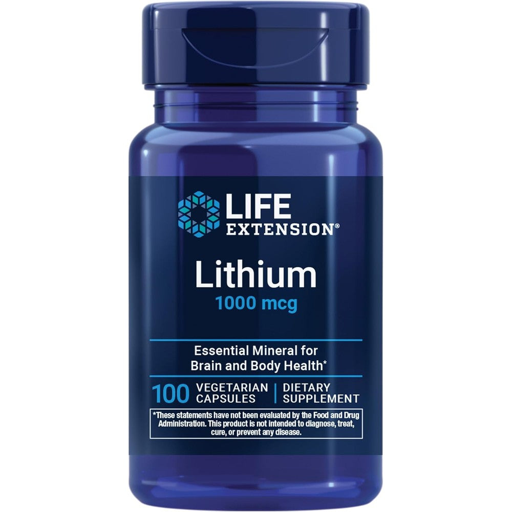 Life Extension Lithium 1000 mcg 100 capsules front view showing brain health and longevity benefits