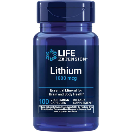 Life Extension Lithium 1000 mcg 100 capsules front view showing brain health and longevity benefits