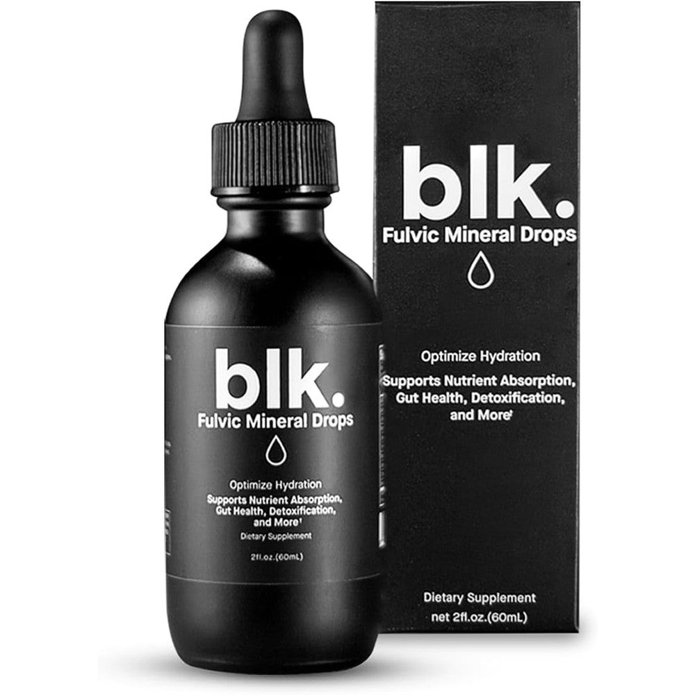 Blk. Natural Mineral Alkaline Water Drops 2 Ounce bottle front view showing product branding for premium hydration.