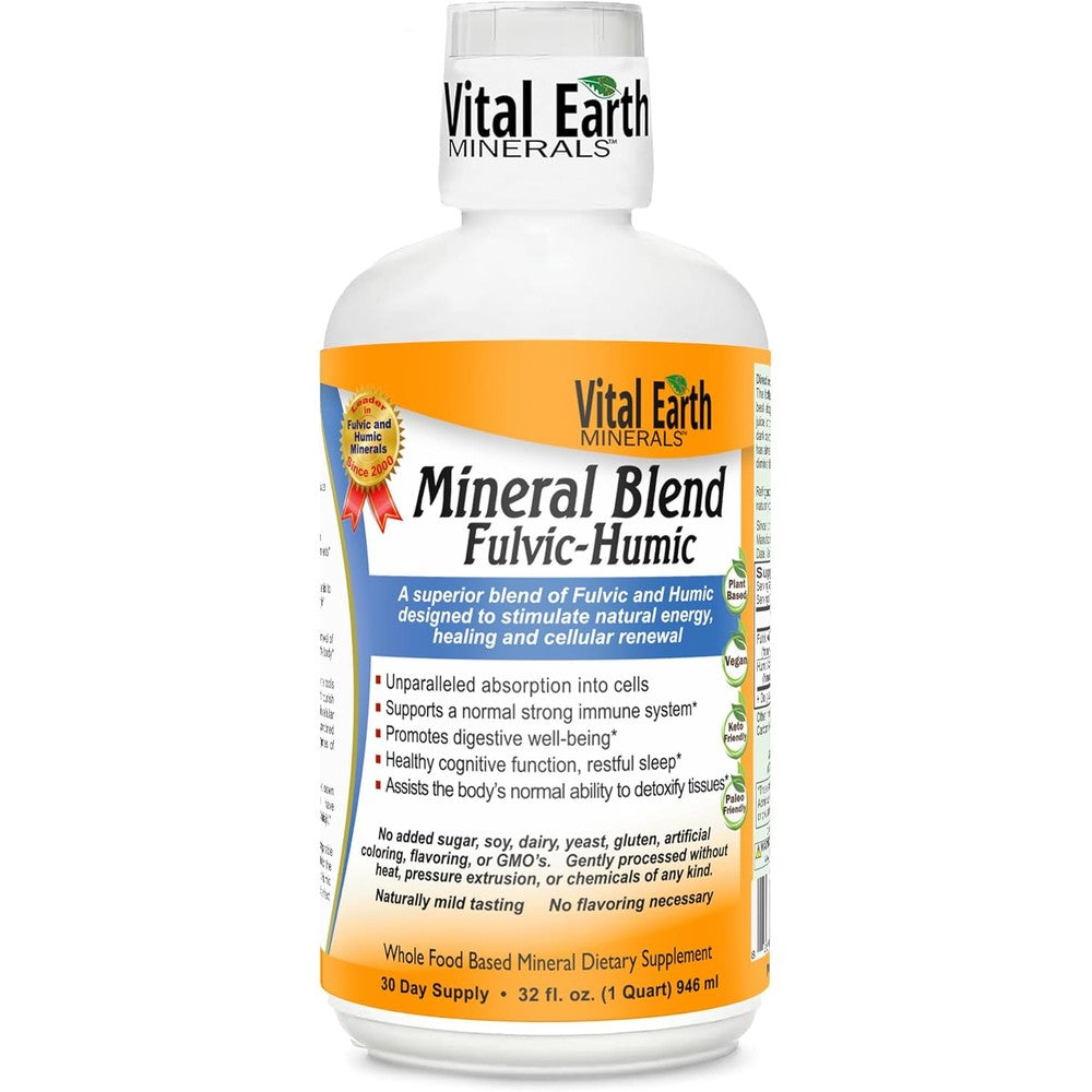 Vital Earth Minerals Fulvic Humic Mineral Blend front view bottle of ionic liquid trace minerals