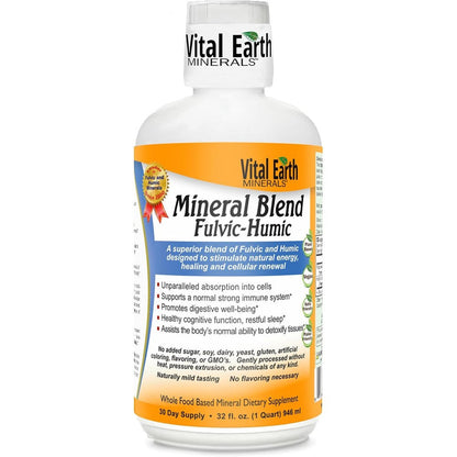 Vital Earth Minerals Fulvic Humic Mineral Blend front view bottle of ionic liquid trace minerals