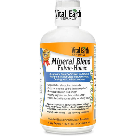 Vital Earth Minerals Fulvic Humic Mineral Blend front view bottle of ionic liquid trace minerals