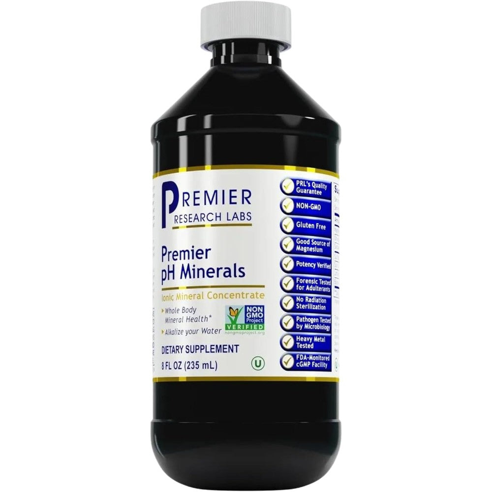 Premier Research Labs Premier pH Minerals 8 fluid ounce front view bottle showcasing the dietary supplement label.