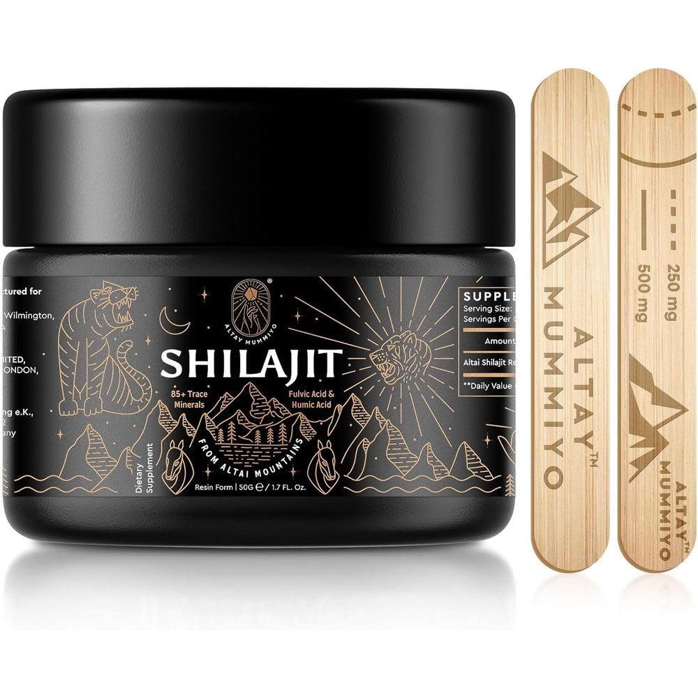 Altay Mummiyo pure Siberian shilajit resin front view showcasing fifty grams amber jar packaging
