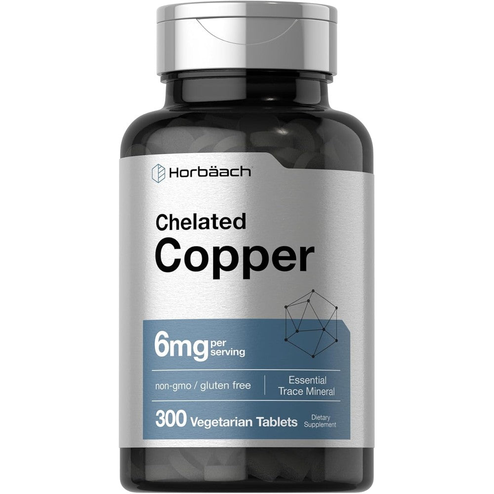 Horbaach Chelated Copper 6 Milligrams 300 Tablets front view bottle showing product labeling