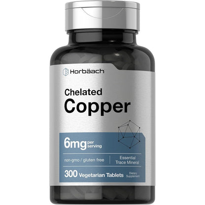 Horbaach Chelated Copper 6 Milligrams 300 Tablets front view bottle showing product labeling