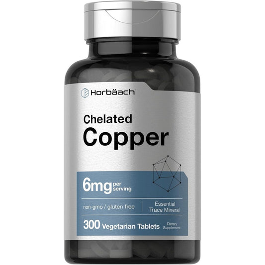 Horbaach Chelated Copper 6 Milligrams 300 Tablets front view bottle showing product labeling