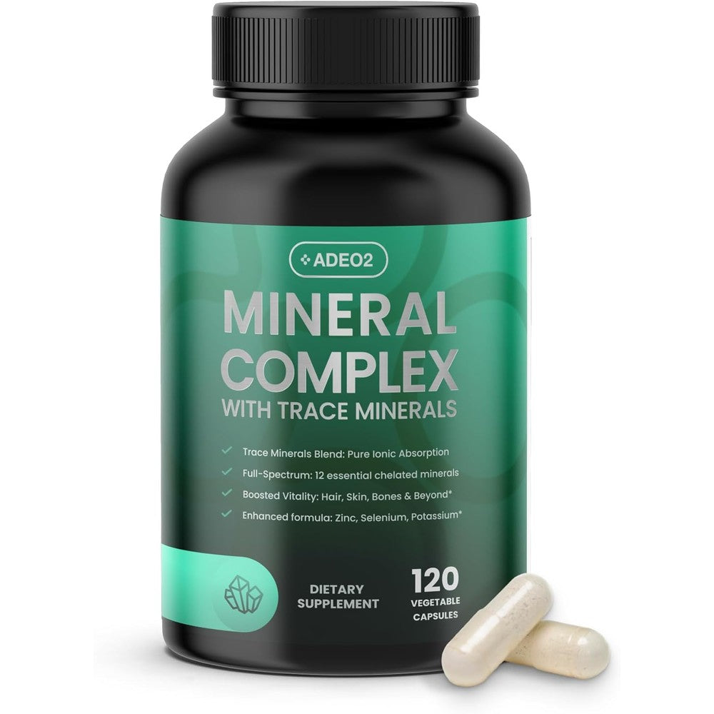 ADEO2 Premium Trace Minerals Complex front view bottle containing one hundred twenty capsules for multimineral supplementation