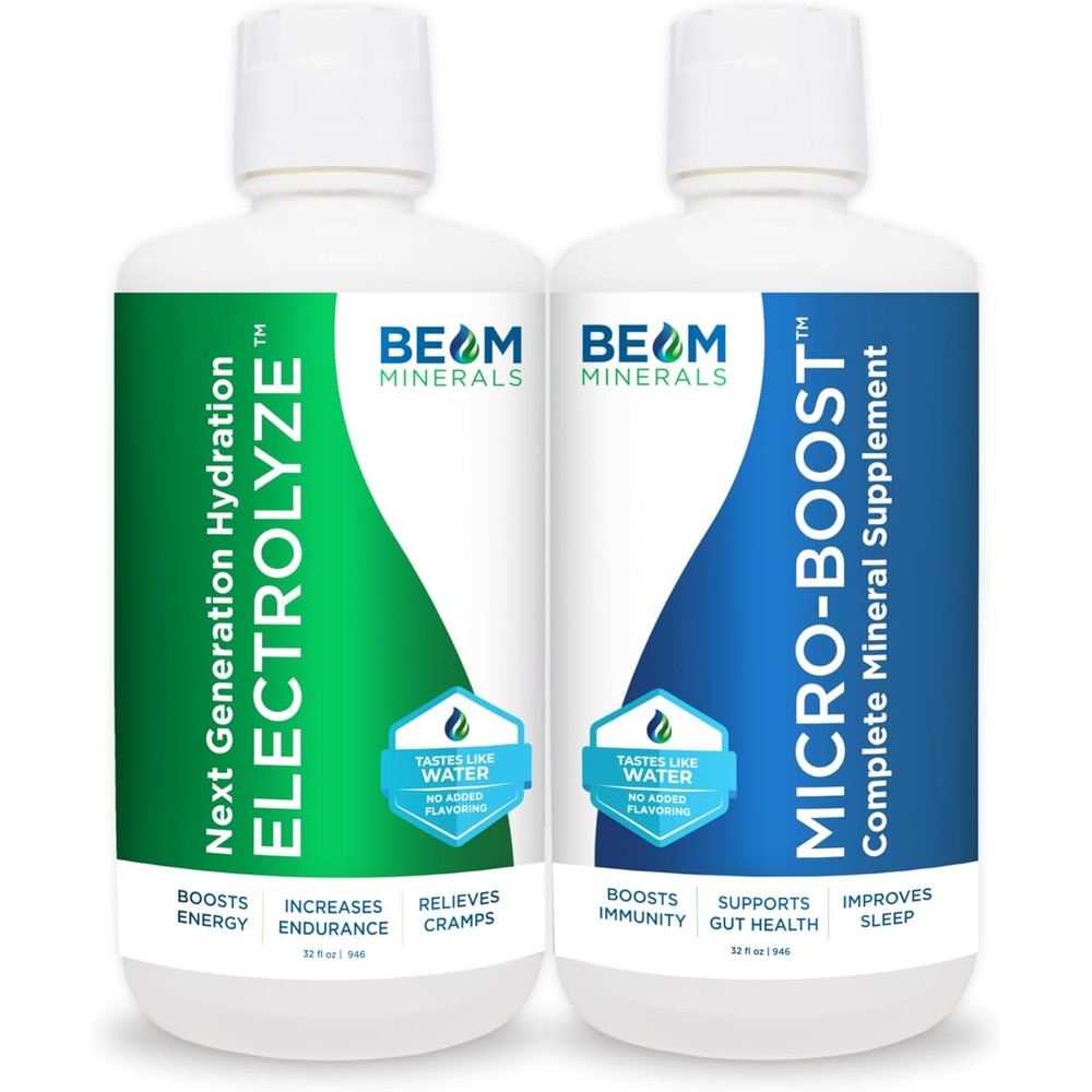 BEAM Minerals Micro Boost and Electrolyze Advanced Set front view bottle packaging for premium hydration.