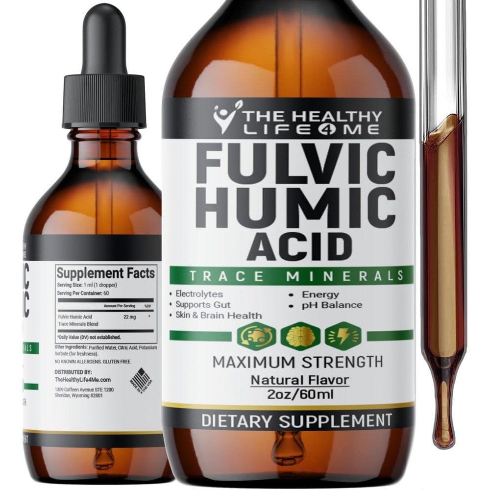 The Healthy Life 4 Me Fulvic Acid Drops bottle front view showing organic dietary supplement labeling.