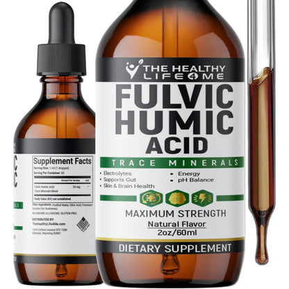 The Healthy Life 4 Me Fulvic Acid Drops bottle front view showing organic dietary supplement labeling.