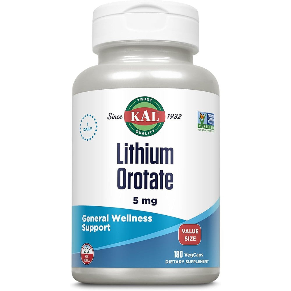 KAL Lithium Orotate five milligrams front view bottle showing one hundred eighty vegetarian capsules packaging