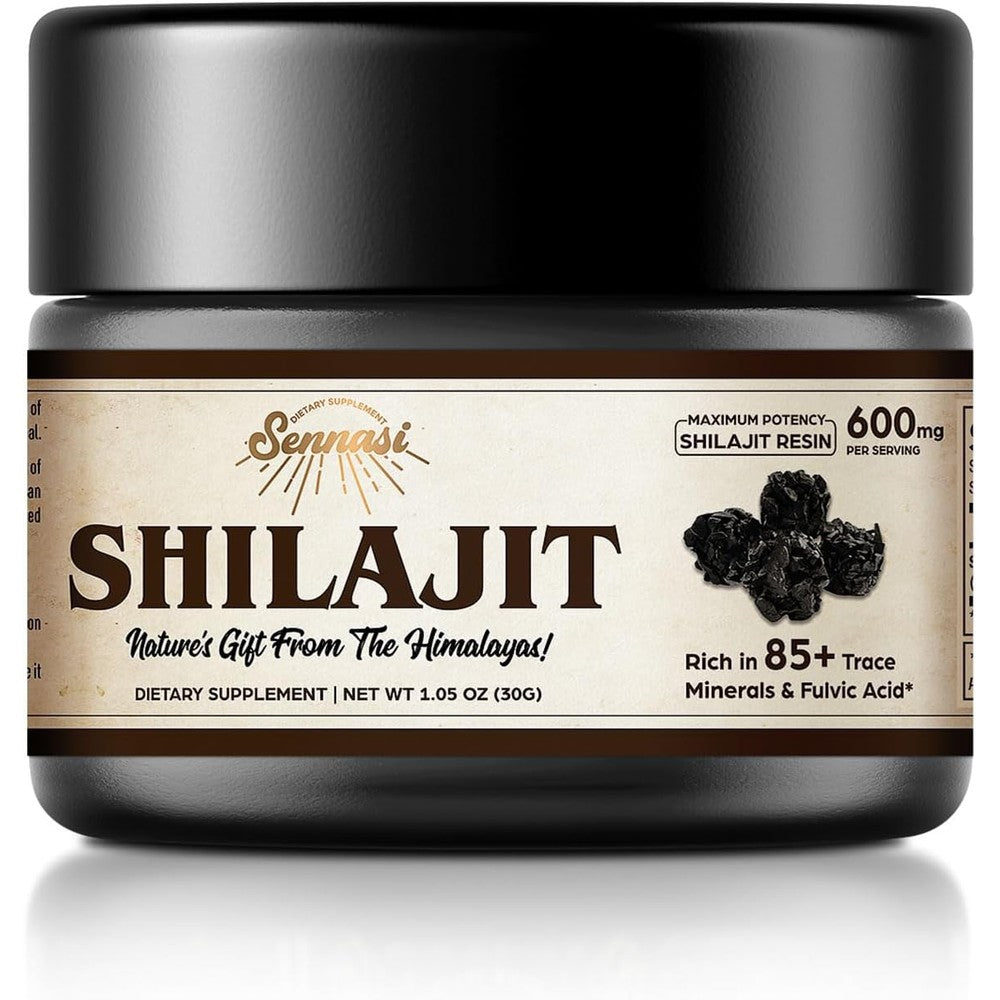 Sennasi Pure Himalayan Organic Shilajit Resin 30 grams jar front view.