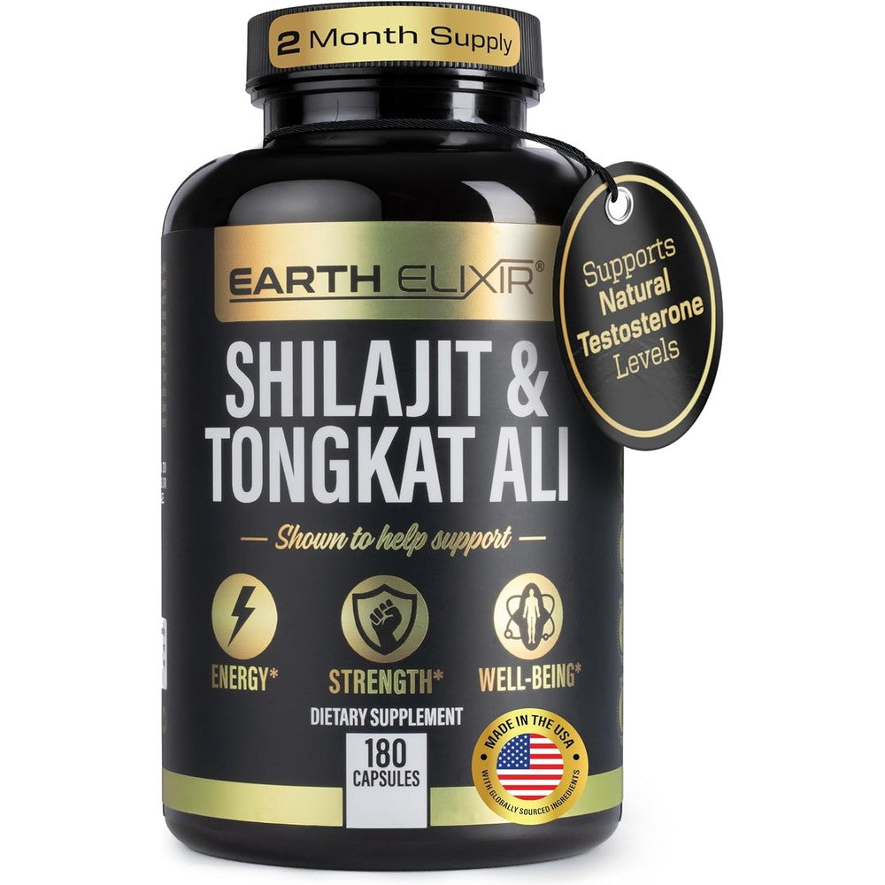 Earth Elixir Shilajit and Tongkat Ali 180 capsules front bottle view showing supplement facts.