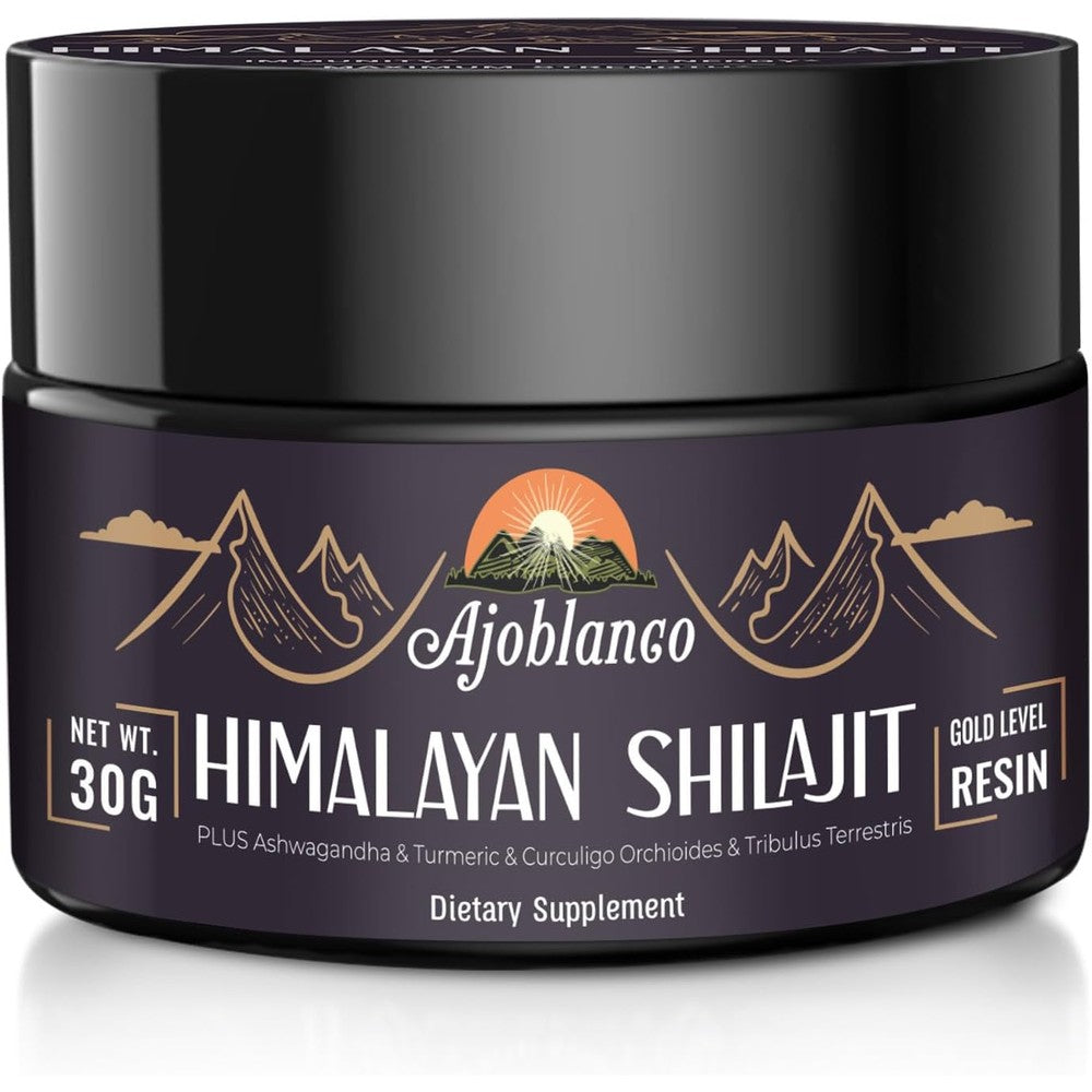 Ajoblanco Pure Himalayan Organic Shilajit Resin 30 grams jar front view.