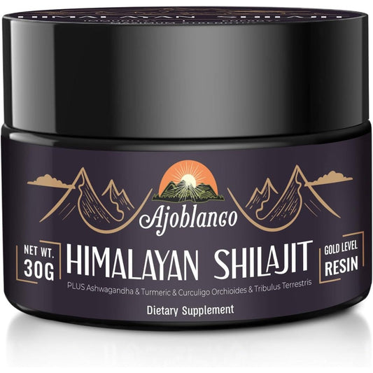 Ajoblanco Pure Himalayan Organic Shilajit Resin 30 grams jar front view.