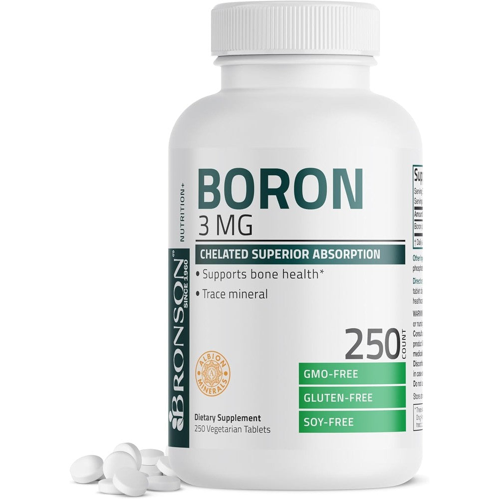 Bronson Boron 3mg chelated tablets front view bottle packaging