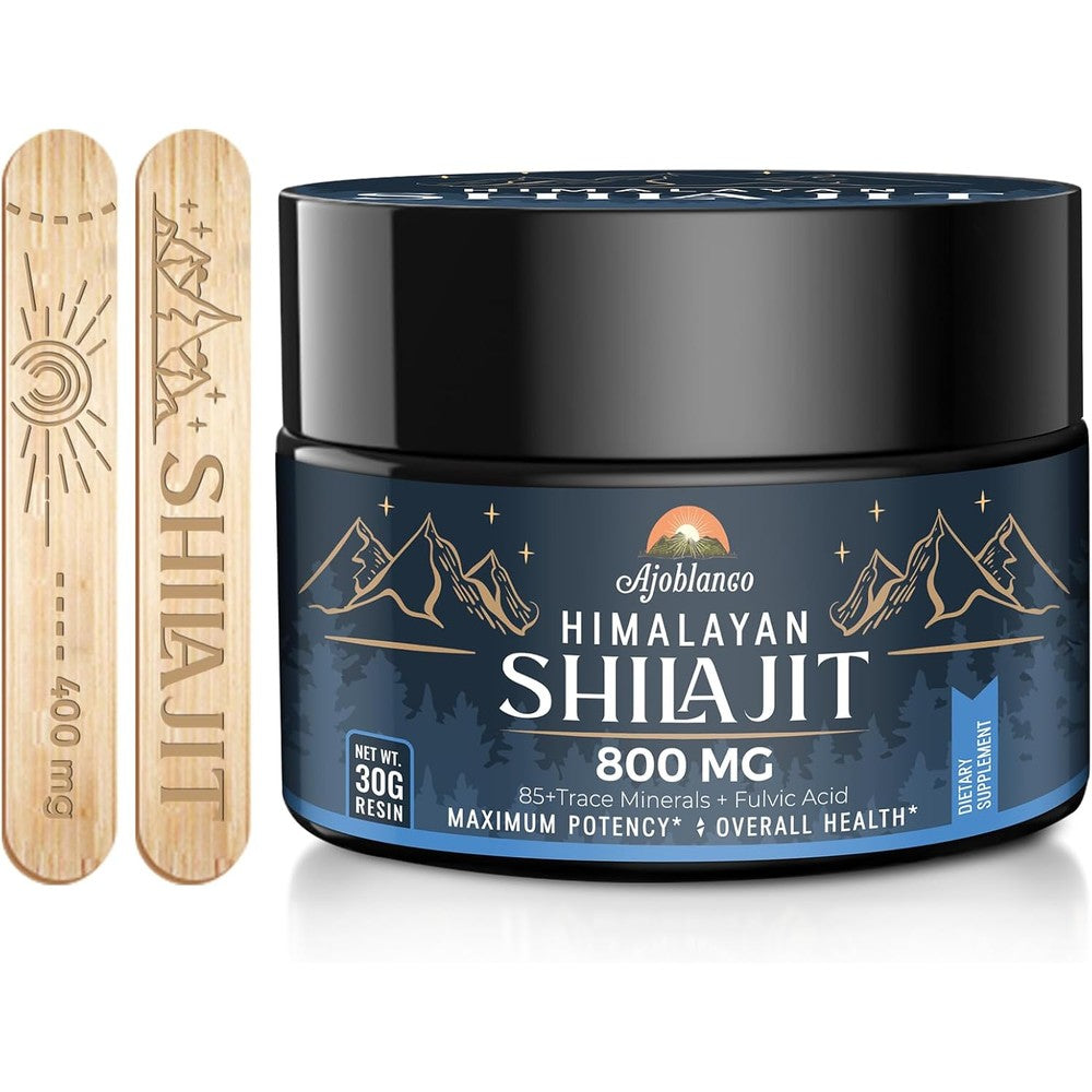 Ajoblanco Himalayan Shilajit Resin 30 gram jar front view displaying the premium golden packaging.