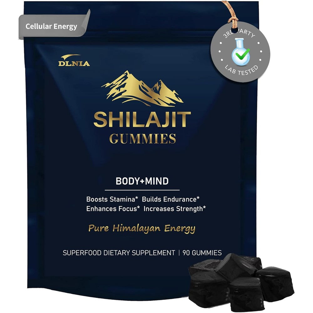 DLNIA 13 in 1 shilajit gummies front view pouch showing authentic imported supplement packaging