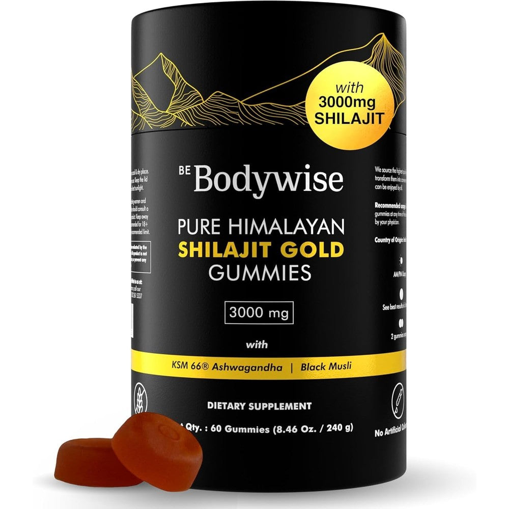 Be Bodywise Pure Himalayan Shilajit Gummies Gold front view bottle showcasing sugar free daily vitality supplements.
