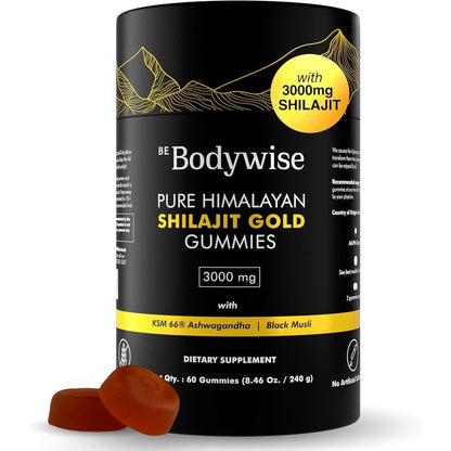 Be Bodywise Pure Himalayan Shilajit Gummies Gold front view bottle showcasing sugar free daily vitality supplements.