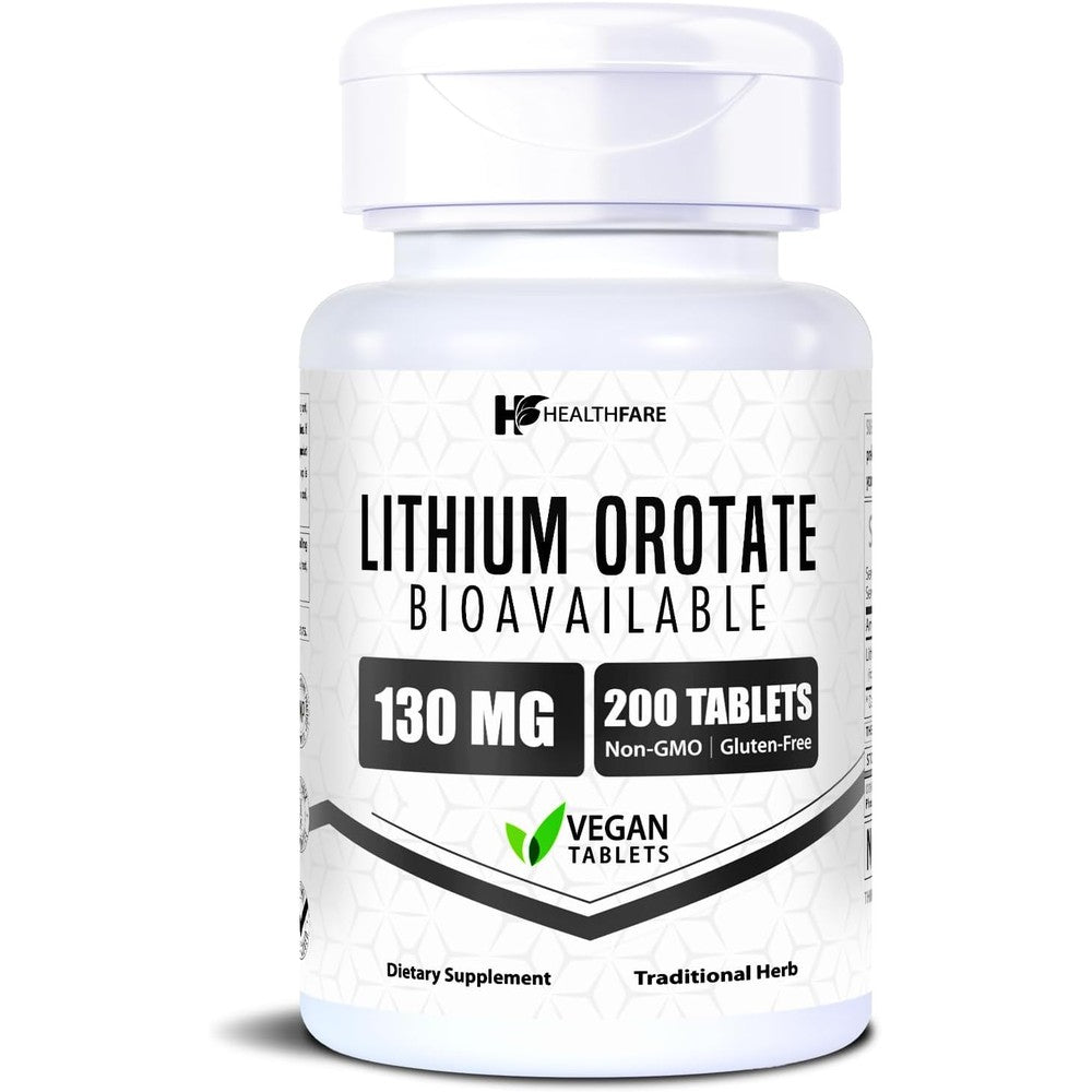 HealthFare Lithium Orotate 130mg front view of white bottle with black labeling for mood support