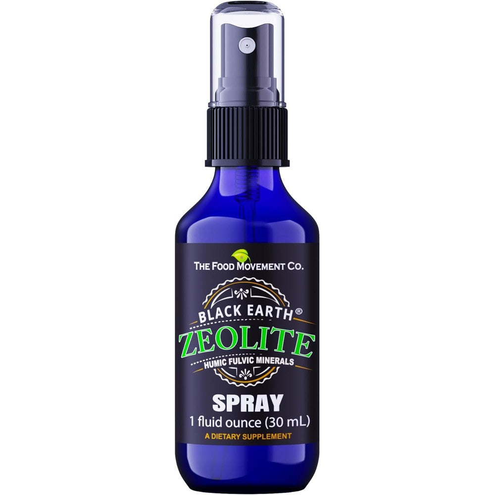 The Food Movement Co. Black Earth Zeolite 1 Fluid Ounce Spray front view showing supplement facts.