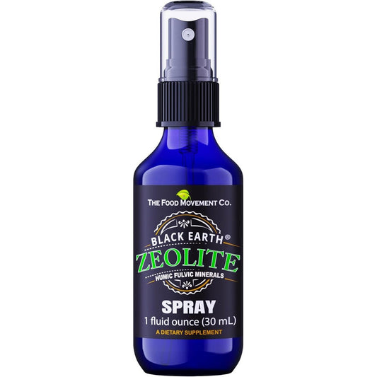 The Food Movement Co. Black Earth Zeolite 1 Fluid Ounce Spray front view showing supplement facts.