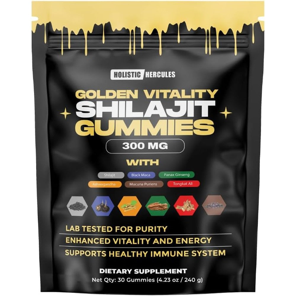Holistic Hercules Himalayan Gold Shilajit Gummies bottle with ashwagandha and black maca